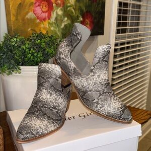 Snake-Print Cutout Heeled Booties in Grey